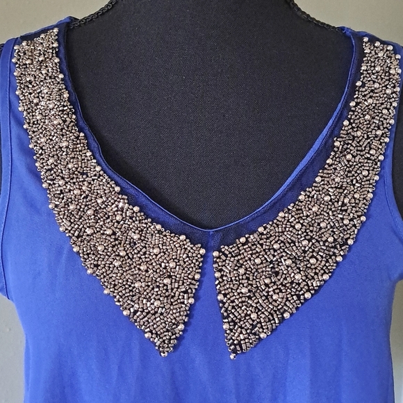 Kirra Beaded Peter Pan Collar Royal Blue Lightweight Retro Dressy Satin Tank - Picture 5 of 9
